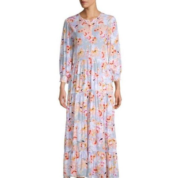 Anthropologie Evie Floral Tiered Maxi Dress size S Blue Long Sleeve - Picture 1 of 11